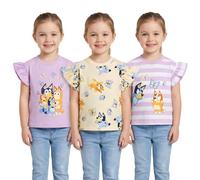 Bluey Paquete de 3 camisetas para niñas | Camisetas de manga corta con volantes | Camisetas 100% algodón | De 18 meses a 8 años, Lila/blanco/amarillo, 2-3 años