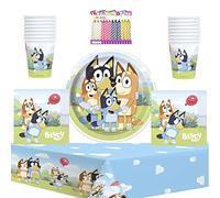 Bluey Party Supplies Pack sirve a 16 invitados: con cubierta de mesa, platos, servilletas, tazas con velas de cumpleaños