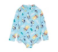BlueY Traje de baño para niñas | Bebé Bebé Azul Bingo Logo en Todas Partes Estampado Traje de baño | Manga Larga con Dobladillo de Volantes, Azul, 3-4 años