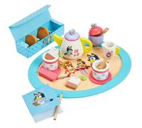 BLUEY Tea Party Set - Juego de simulación de Madera de 18 Piezas con Bandeja, Tetera, Tazas de té, Galletas y Bloc de Notas para niños de 3 años en adelante - Diversión imaginativa y Juegos de