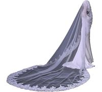 BLUEZY Velos De Novia Largos con Apliques De Encaje Velo De Catedral con Ribete De Encaje 300Cm Mujeres Largo Arrastre Catedral Novia Velo De Novia En El Patio Tul De Novia Off White