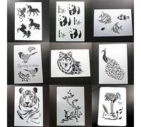 BLUGUL 9pcs A4 Plantillas de Dibujo, para Manualidades Decoración Pared Mueble Ventana Aerógrafo, Unicornio Fénix Tigre Pavo Real Lobo Pájaro Pez Tropical Panda