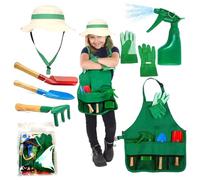 BLULILY - Juego de herramientas de jardín para niños, 7 piezas, delantales de jardín, rastrillos de pala para niños, juguete de simulación realista, herramienta de jardinería, actividad de fiesta