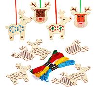 Blulu 10 Piezas Kits de Punto de Cruz de Madera de Navidad Adornos de Madera de Árboles de Navidad de Punto de Cruz de Reno Decoraciones Colgantes de Navidad de Manualidades para Artículo Arte