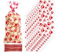 Blulu 100 bolsas de celofán con forma de cono de pata de mascota, bolsas de celofán sellables con calor, regalo de pata de perro con 100 lazos plateados para mascotas y gatos (rojo)