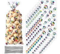 Blulu 100 bolsas de celofán con forma de cono de pata de mascota, bolsas de celofán sellables con calor, regalo de pata de perro con 100 lazos plateados para mascotas, gatos, regalos de fiesta (color