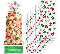 Blulu 100 bolsas de celofán con forma de cono de pata de mascota, bolsas de celofán sellables con calor, regalo de pata de perro con 100 lazos plateados para mascotas y gatos (rojo y verde)
