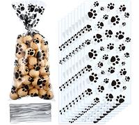 Blulu 100 bolsas de celofán de cono con estampado de huellas de mascotas, bolsas de caramelos sellables con calor, bolsas de regalo de patas de perro, bolsas de regalo para gatos con 100 lazos