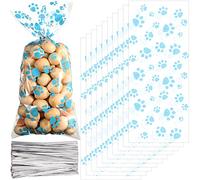 Blulu - 100 bolsas de regalo para perros, para fiestas de cachorros, conos de patas de mascotas, bolsas de celofán, sellables térmicamente, regalo de pata de perro, con 100 lazos plateados para