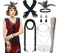 Blulu 9 Piezas Set de Accesorios de Disfraces de Flapper de 1920 Vestido de Flapper con Flecos y Cuentas Lentejuelas con Cuello en V con Accesorios de los Locos Años 20 para Mujer (Rojo, XL)