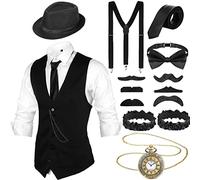 Blulu Accesorios de Hombre de 1920 Disfraces Ropa de Gatsby Gángster Atuendo de Cosplay Halloween con Chaleco Sombrero de Fieltro Reloj de Bolsillo Tirantes Corbata (S, Negro)