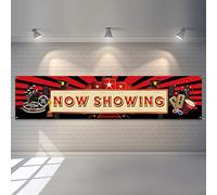 Blulu Decoración de Fiesta de Noche de Cine 2025 Now Showing Banner 70.8 x 15.7 Pulgadas Alfombra roja decoración telón de Fondo de película telón de Fondo de Fiesta de cumpleaños, Baby Shower
