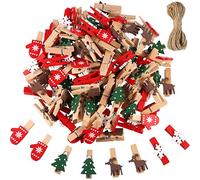 Blulu - Juego de 100 mini pinzas para la ropa de madera de Navidad con 10 metros de cuerda de yute (árbol de Navidad, copo de nieve, reno, guantes)