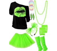 Blulu Juego de Accesorios de Disfraz de los Años 1980, Camisetas Tutu Diadema Pendientes Colalr Calentadores de Pierna (Verde Fluorescente, XXL)