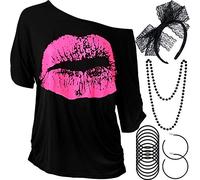 Blulu Juego de Accesorios de Disfraz de los Años 1980 de Mujeres, T-Shirt Impreso de Labio Diadema Pendientes Collar Pulsera de Encaje para Fiesta Temática de los 1980(Negro,L)