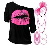 Blulu Juego de Accesorios de Disfraz de los Años 1980 de Mujeres, T-Shirt Impreso de Labio Diadema Pendientes Collar Pulsera de Encaje para Fiesta Temática de los 1980(Rojo Rosado,XXL)
