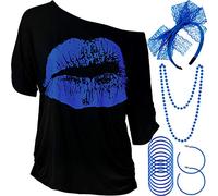 Blulu Juego de Accesorios de Disfraz de los Años 1980 de Mujeres, T-Shirt Impreso de Labio Diadema Pendientes Collar Pulsera de Encaje para Fiesta Temática de los 1980(Azul real,L)