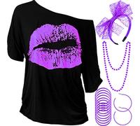 Blulu Juego de Accesorios de Disfraz de los Años 1980 de Mujeres, T-Shirt Impreso de Labio Diadema Pendientes Collar Pulsera de Encaje para Fiesta Temática de los 1980(Morado,XL)