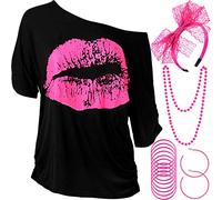 Blulu Juego de Accesorios de Disfraz de los Años 1980 de Mujeres, T-Shirt Impreso de Labio Diadema Pendientes Collar Pulsera de Encaje para Fiesta Temática de los 1980(Rojo Rosado,XL)