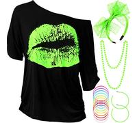 Blulu Juego de Accesorios de Disfraz de los Años 1980 de Mujeres, T-Shirt Impreso de Labio Diadema Pendientes Collar Pulsera de Encaje para Fiesta Temática de los 1980(verde fluorescente,L)