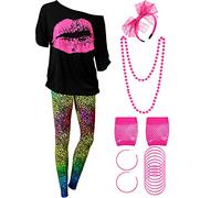 Blulu Juego de Disfraz de Mujeres de los Años 1980, T-Shirt, Pantalones Legging Pendientes Collar Guantes Pulsera (Manga Corta, XXL)