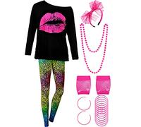 Blulu Juego de Disfraz de Mujeres de los Años 1980, T-shirt, Pantalones Legging Pendientes Collar Guantes Pulsera (Manga Larga, M)