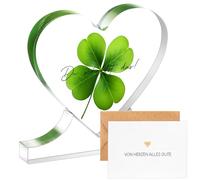 Blulu Regalo inspirador para mujer Letrero de acrílico en forma corazón placa de Corazón con grabado de du Schaffst Das Amuleto de suerte con trébol de cuatro hojas Tarjeta y sobre de corazón