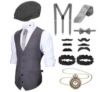 Blulu Set Accesorios Disfraz Hombre 1920 Chaleco Gángster Sombrero Vendedor Periódicos Reloj Bolsillo Corbata (Gris, M)