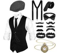 Blulu Set de Accesorios de Disfraces de Gatsby 1920 para Hombres Accesorios de Disfraz de Gángster Chaleco Sombrero de Vendedor de Periódicos Reloj de Bolsillo Corbata (XL)