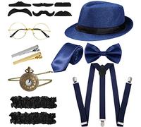 Blulu Set de Accesorios Disfraces Hombres 1920 Disfraz Gángster Retro Rugiente Sombrero Pajarita Reloj Bolsillo Tirantes Gafas Barba Ligas para Brazalete Clips de Corbata (Estilo Simple, Azul Oscuro)