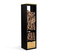 blumfeldt Leñero Interior Moderno - Estante para Leña de Acero y Madera, 2 en 1 con Caja de Almacenamiento, 40×35×150 cm, Diseño Práctico para Chimenea, Fácil Montaje