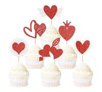 Blumomon 24 piezas de San Valentín corazón cupcake Toppers rojo brillo doble capa 3D amor cupcakes selecciones día de San Valentín tema boda fiesta cumpleaños decoración pasteles accesorios