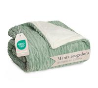 Blumtal Manta Sofa 230x270cm con diseño de Punto Trenzado - Mantas para Cama con Certificado Oeko-Tex - Mantas para Sofa de Microfibra - Mantas para Cama Invierno gordas - Manta Sherpa - Verde/Blanco
