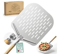 Blumtal Pala para pizza perforada 30,5 x 30,5 cm + mango de madera de 24,5 cm - Pala para pizza perforada de aluminio antiadherente y acero inoxidable