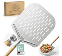 Blumtal Pala para pizza perforada 30,5 x 30,5 cm + mango de madera de 46,5 cm - Pala para pizza perforada de aluminio antiadherente y acero inoxidable