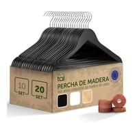 Blumtal Perchas de Madera 20 Unidades - Gancho Giratorio 360°, Barra para Pantalones y Ranuras Antideslizantes - Madera Maciza - Negro