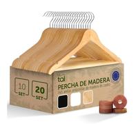 Blumtal Perchas de Madera 20 Unidades - Gancho Metálico 360°, Barra para Pantalones y Ranuras Antideslizantes - Madera Maciza - Color Natural