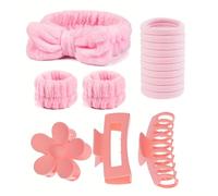 BluOcnMkt Juego de 16 diademas para el cuidado de la piel, para mujer, para lavar la cara, spa, maquillaje, diadema, pinza para el pelo, color rosa