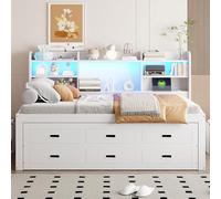 BLUON HOME Armario cama, cama extensible, sofá cama, 90 x 200 cm, mando a distancia LED, 3 cajones, mesita de noche, cama extensible multifuncional con USB+Type-c, sin colchón, color blanco