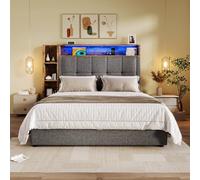 BLUON HOME Cama acolchada, cama doble, marco de cama, 90 x 200 cm, con función de carga USB tipo C, sin colchón, almacenamiento multifuncional, iluminación LED, pulsador/aplicación, lino, gris