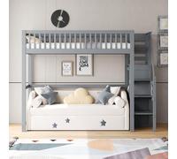 BLUON HOME Cama alta de 90 x 200 cm con escaleras, cama de madera con estante, armario sencillo gris