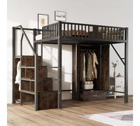 BLUON HOME Cama alta de metal de 140 × 200 cm con diseño de barandilla de madera y malla metálica, completa con armario grande, cajones y escalera de almacenamiento, color negro