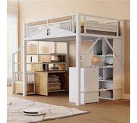 BLUON HOME Cama alta de metal de 140 x 200 cm con caja de seguridad única con ventana, escalera de seguridad con taquilla, color blanco