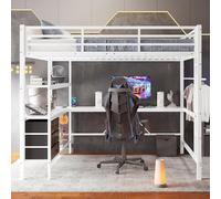 BLUON HOME Cama alta para adultos, cama con escritorio, cama alta, 140 x 200 cm, con luces LED, escritorio, enchufe + USB, 3 cajones, estanterías, barandillas, escaleras, sin colchón, blanco