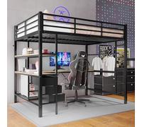 BLUON HOME Cama alta para adultos, cama con escritorio, cama alta, 140 x 200 cm, con luces LED, escritorio, enchufe + USB, 3 cajones, estanterías, barandillas, escaleras, sin colchón, color negro