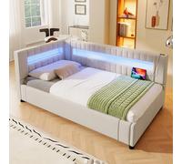 BLUON HOME Cama de día extensible, cama LED, sofá cama, 90 x 200 cm, barra de luz LED con mando a distancia al final de la cama, almacenamiento hidráulico, sin colchón, USB + tipo C, lino, beige