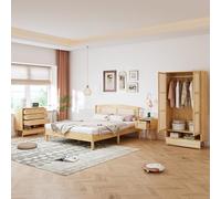 BLUON HOME Cama de madera, cama doble, de madera maciza, juego completo de 4 piezas, moderna cama de ratán+mesita de noche+cómod armario, cama doble de 160 x 200 cm, madera de pino+aglomerado+ratán