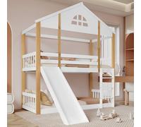 BLUON HOME Cama de madera, cama infantil, cama juvenil, litera con ventanas características y deslizadores angulares de tres niveles, cama infantil con tobogán, marco de cama de madera maciza, blanco