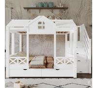 BLUON HOME Cama de madera, cama infantil, cama juvenil, litera, dos cajones con ruedas, bonita ventana y techo, armario con 4 compartimentos de almacenamiento, pino + MDF + madera contrachapada