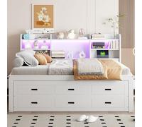 BLUON HOME Cama extensible LED, sofá cama, 40 x 200 cm, mando a distancia LED, 3 cajones, mesita de noche, cama extensible multifuncional con USB+Type-c, sin colchón, color blanco